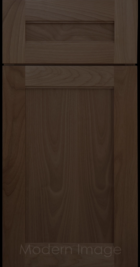 Destin shaker cabinet in Driftwood Stain featuring ledge detail and vertical joints around a recessed center panel.